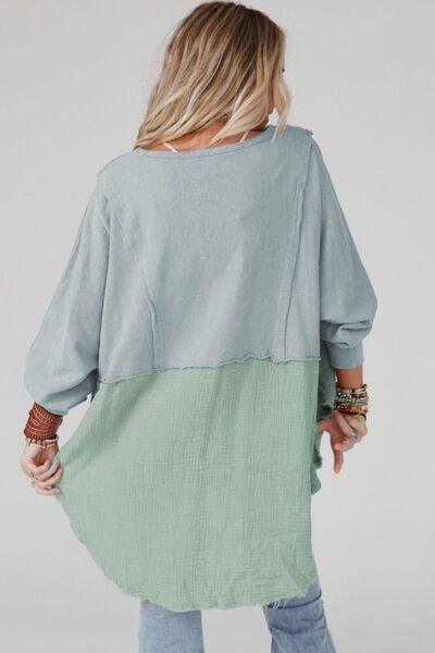 Bona Fide Fashion - Contrast Texture Round Neck Long Sleeve Blouse - Women Fashion - Bona Fide Fashion