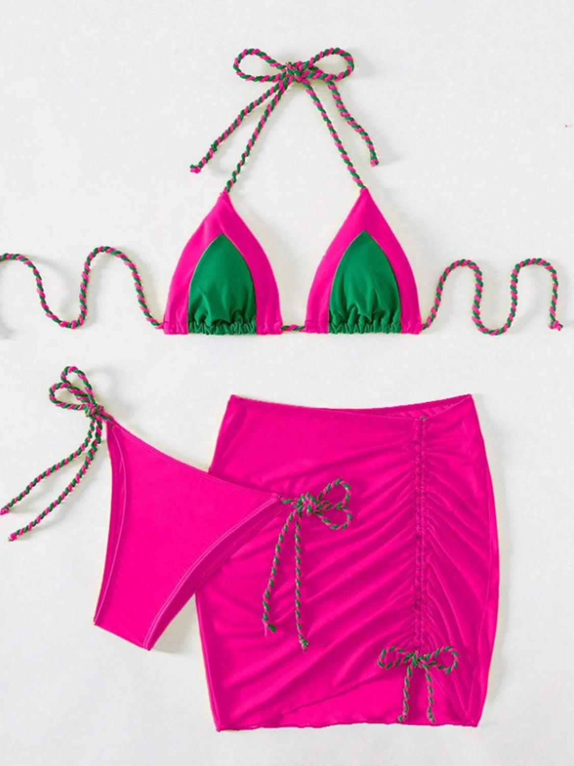 Bona Fide Fashion - Contrast Tied Three-Piece Swim Set - Women Fashion - Bona Fide Fashion