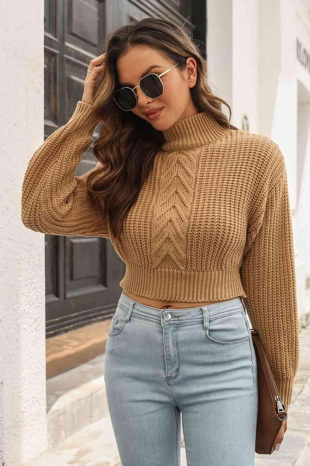 Bona Fide Fashion - Cropped Mock Neck Cable-Knit Pullover Sweater - Women Fashion - Bona Fide Fashion