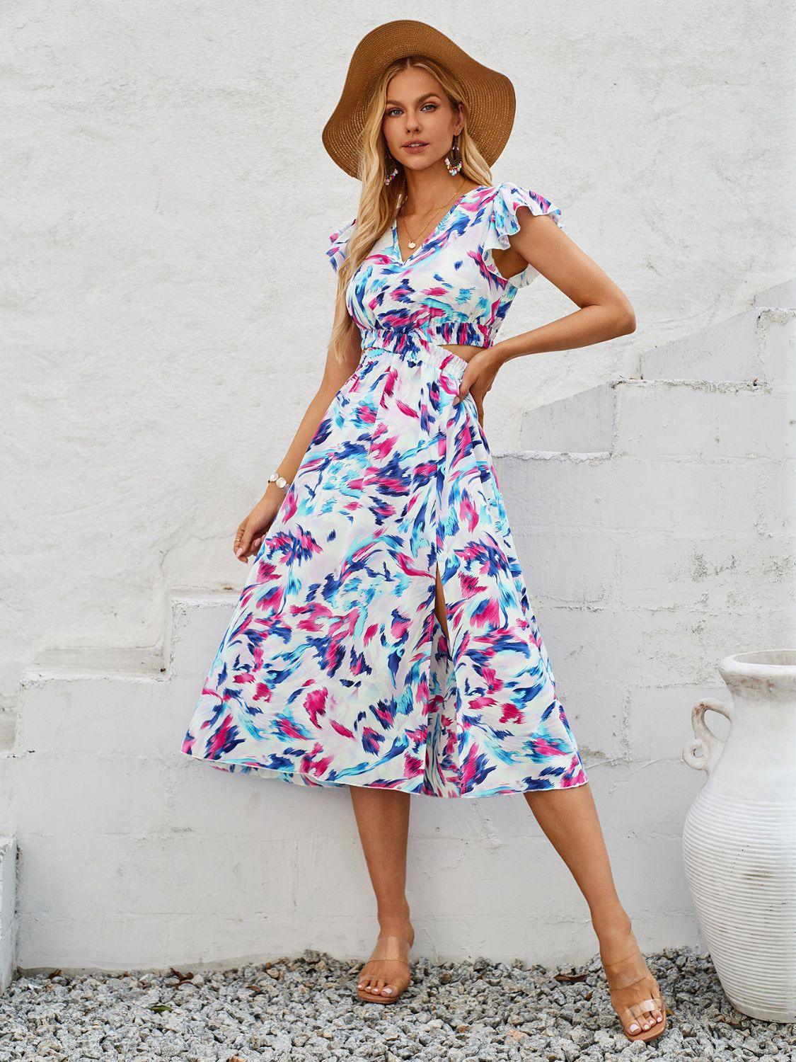 Bona Fide Fashion - Cutout Slit Printed Cap Sleeve Dress - Women Fashion - Bona Fide Fashion
