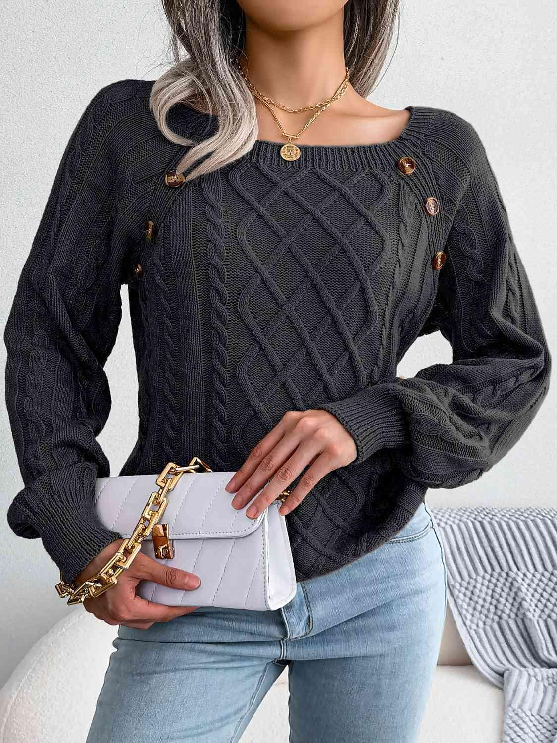 Bona Fide Fashion - Decorative Button Cable-Knit Sweater - Women Fashion - Bona Fide Fashion