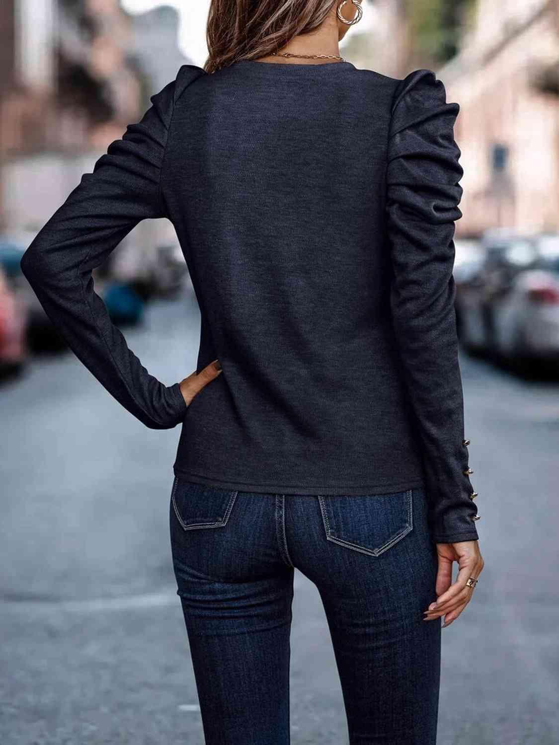 Bona Fide Fashion - Decorative Button Puff Sleeve T-Shirt - Women Fashion - Bona Fide Fashion