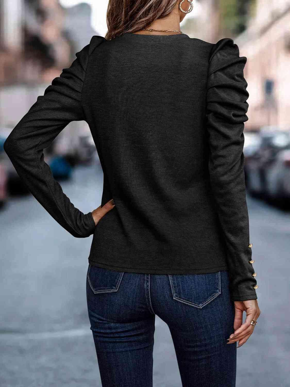 Bona Fide Fashion - Decorative Button Puff Sleeve T-Shirt - Women Fashion - Bona Fide Fashion