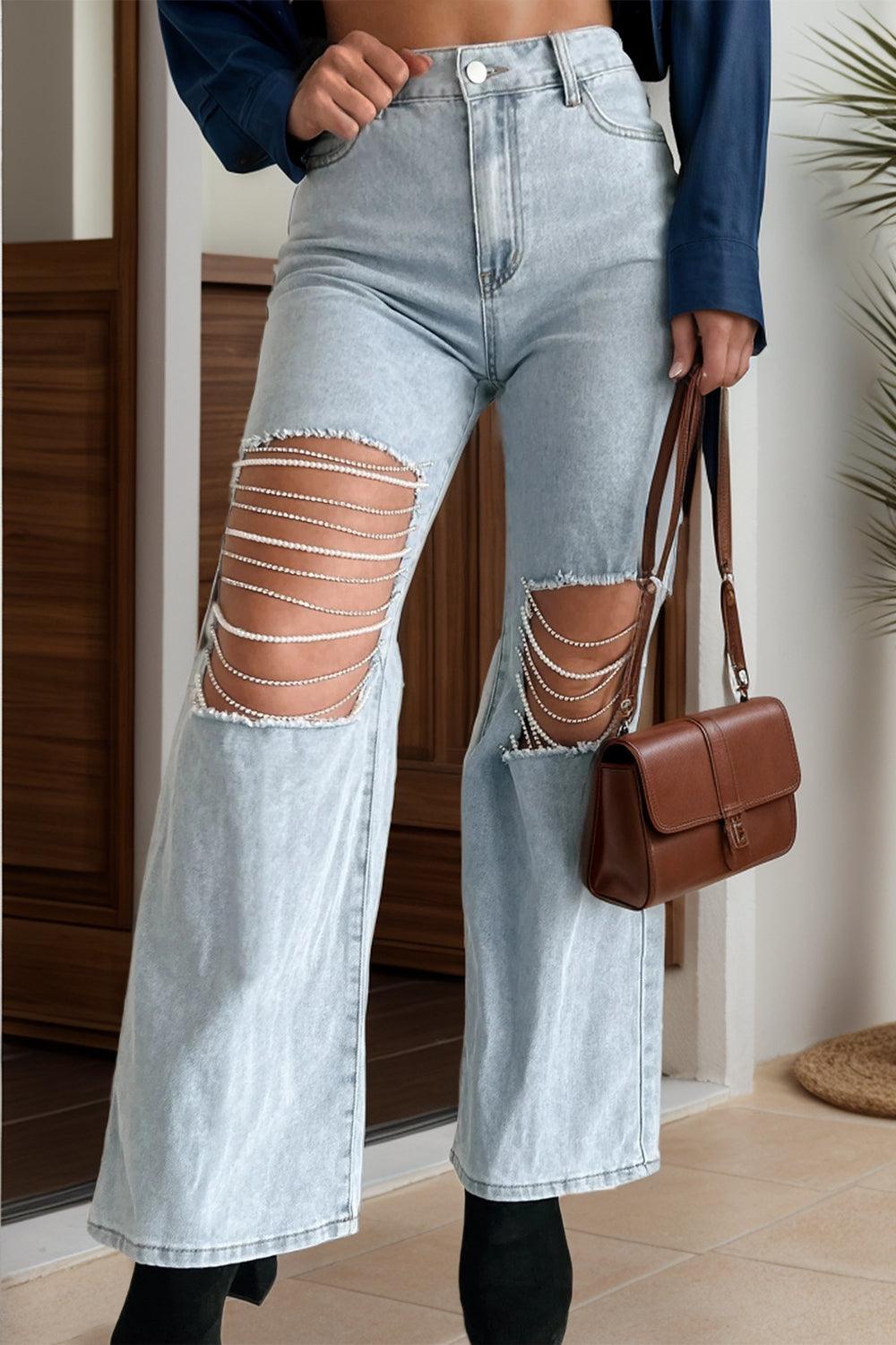 Bona Fide Fashion - Distressed Bead Chain Straight Jeans - Women Fashion - Bona Fide Fashion