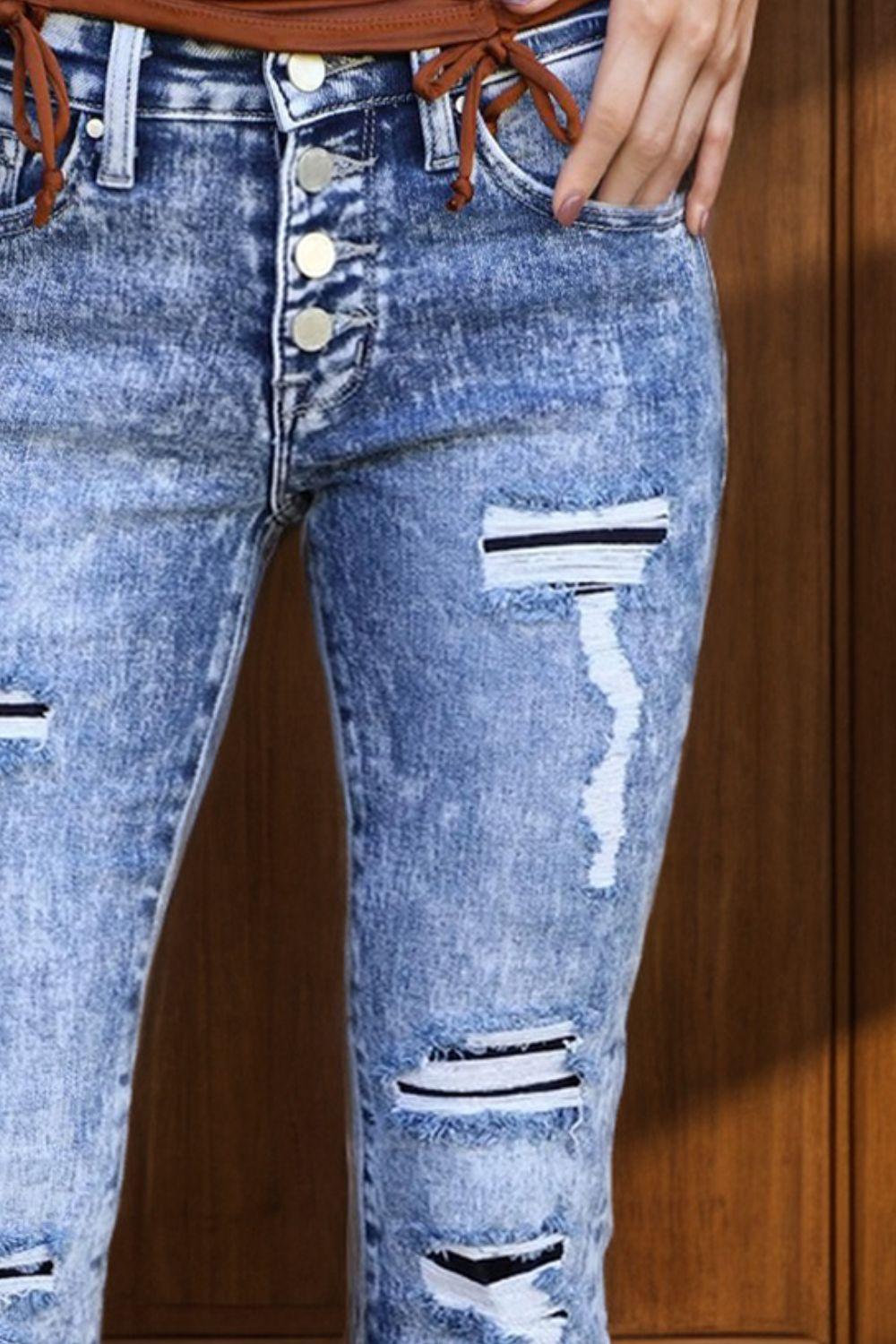 Bona Fide Fashion - Distressed Button-Fly Bootcut Jeans with Pockets - Women Fashion - Bona Fide Fashion