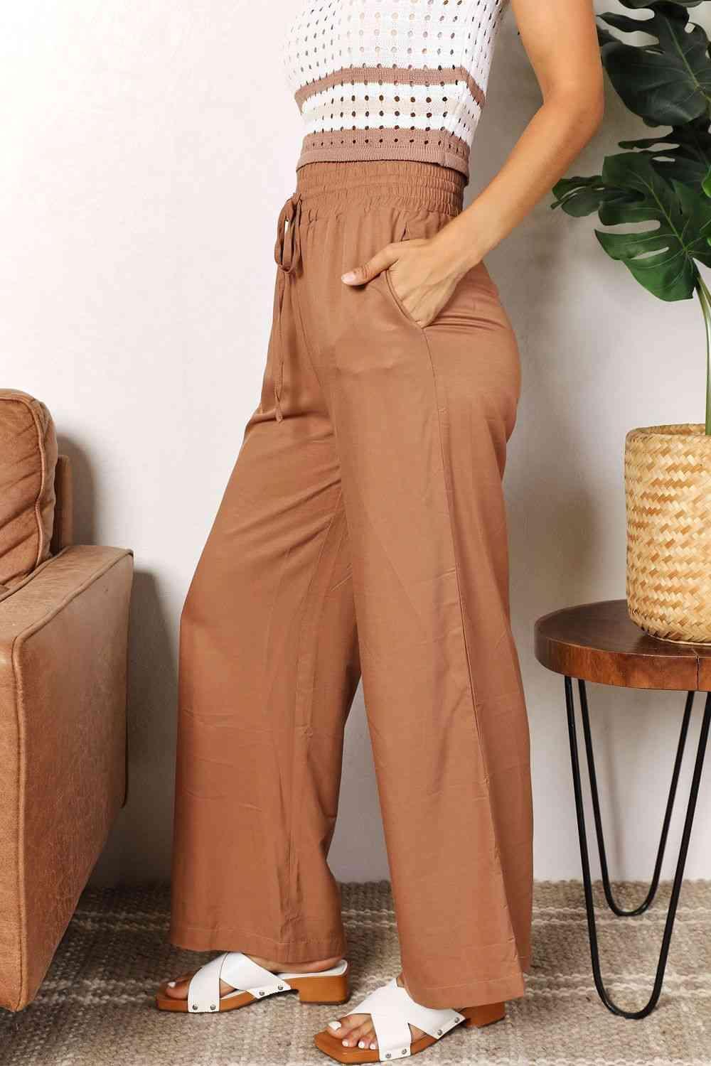 Bona Fide Fashion - Drawstring Smocked Waist Wide Leg Pants - Women Fashion - Bona Fide Fashion