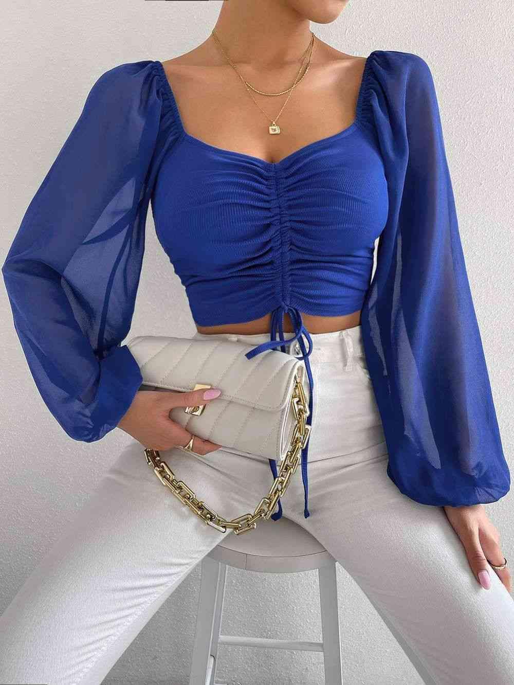 Bona Fide Fashion - Drawstring Sweetheart Neck Cropped Top - Women Fashion - Bona Fide Fashion