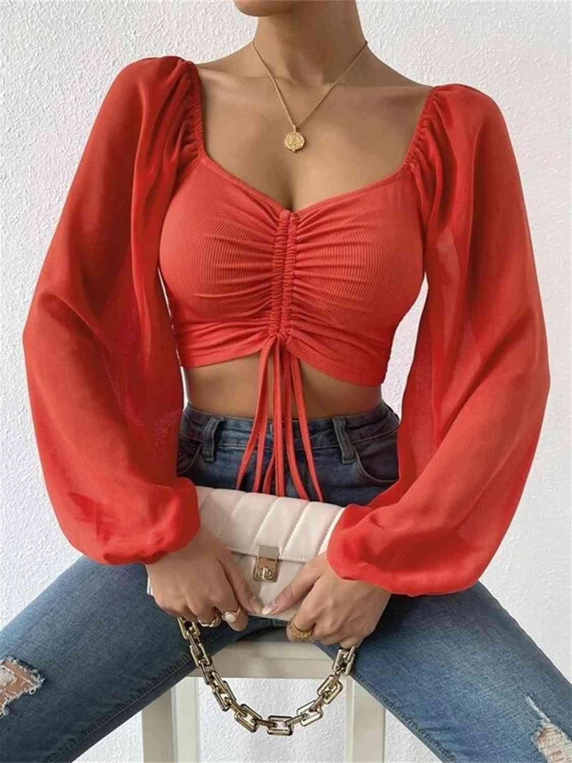 Bona Fide Fashion - Drawstring Sweetheart Neck Cropped Top - Women Fashion - Bona Fide Fashion