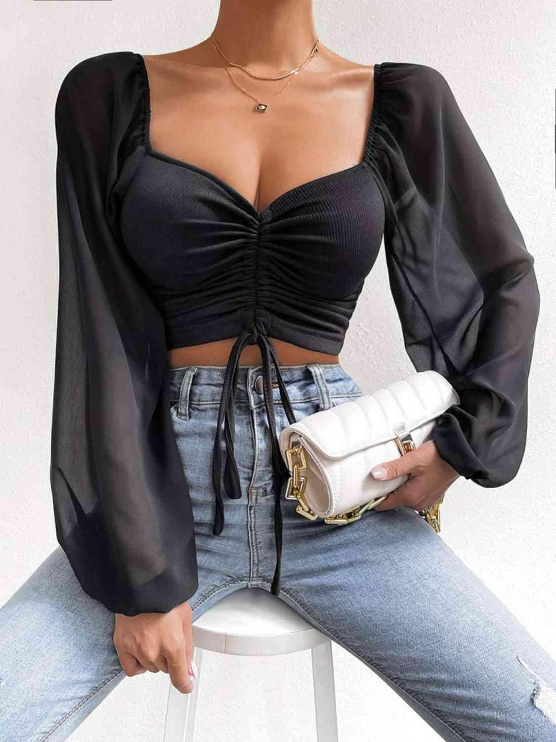 Bona Fide Fashion - Drawstring Sweetheart Neck Cropped Top - Women Fashion - Bona Fide Fashion
