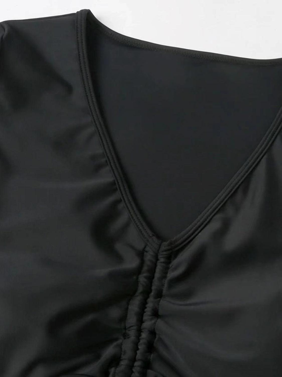 Bona Fide Fashion - Drawstring V-Neck Short Sleeve Two-Piece Swim Set - Women Fashion - Bona Fide Fashion