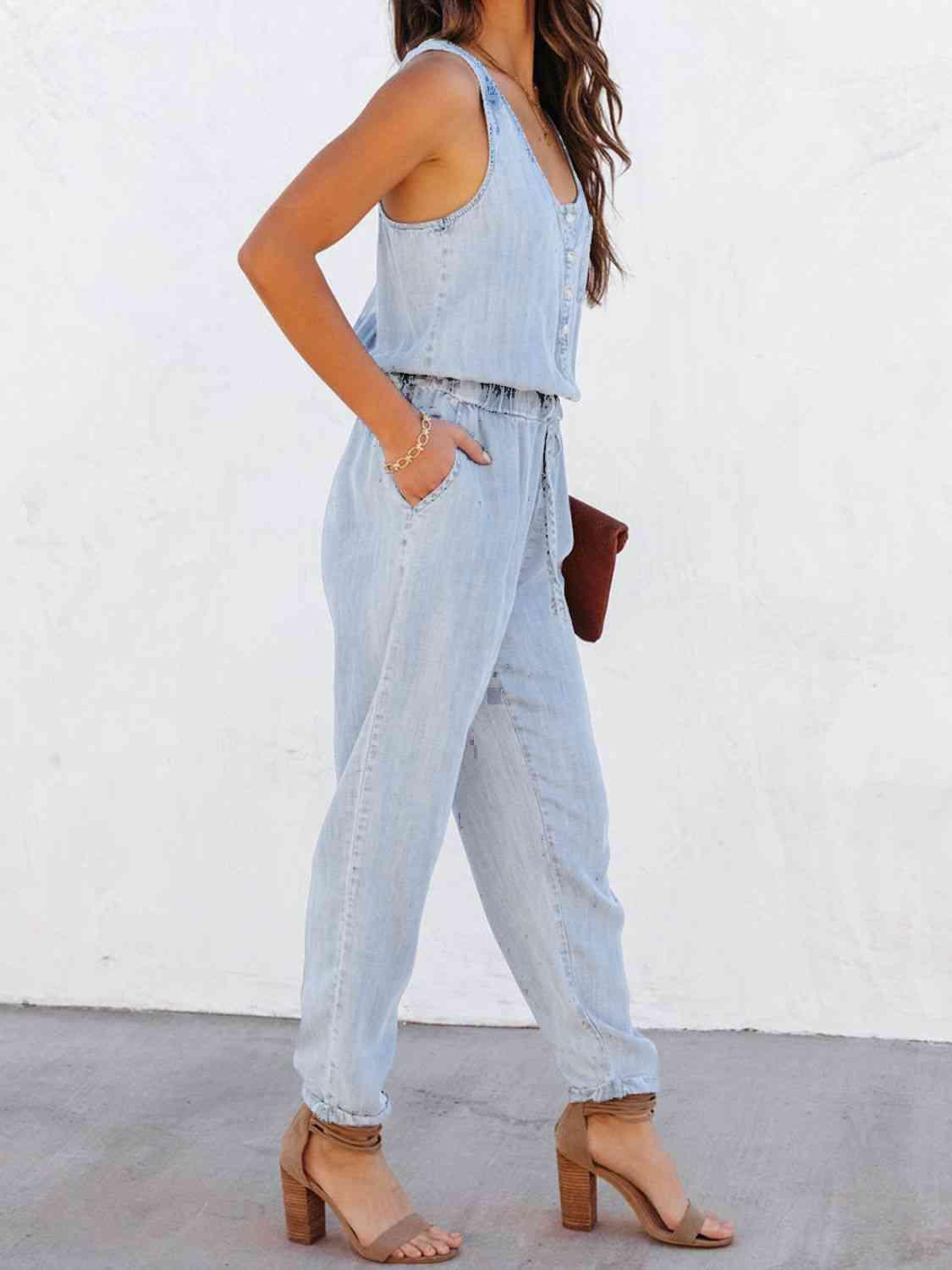 Bona Fide Fashion - Drawstring Waist Sleeveless Jumpsuit - Women Fashion - Bona Fide Fashion