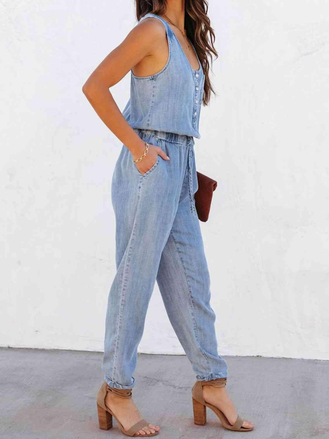 Bona Fide Fashion - Drawstring Waist Sleeveless Jumpsuit - Women Fashion - Bona Fide Fashion