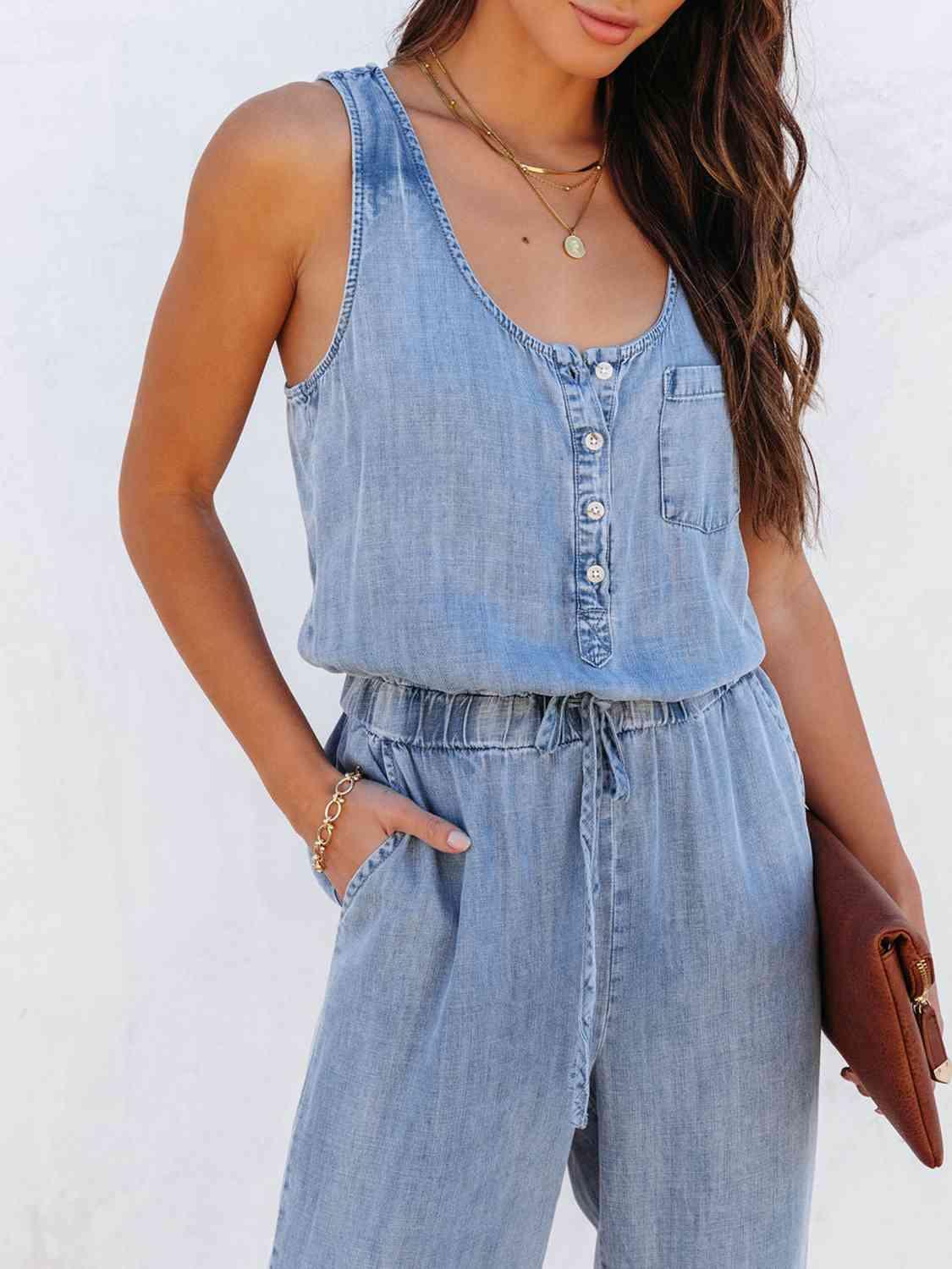 Bona Fide Fashion - Drawstring Waist Sleeveless Jumpsuit - Women Fashion - Bona Fide Fashion