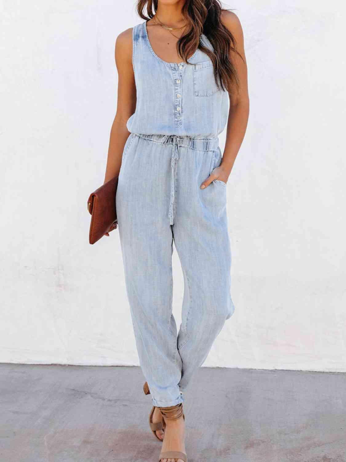 Bona Fide Fashion - Drawstring Waist Sleeveless Jumpsuit - Women Fashion - Bona Fide Fashion