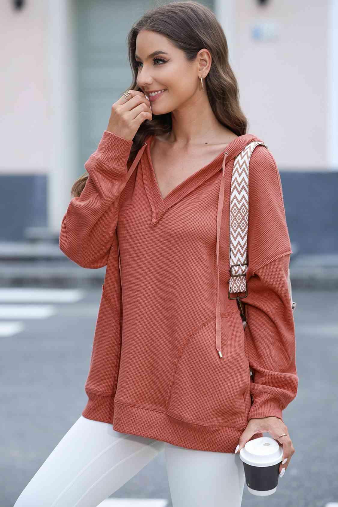 Bona Fide Fashion - Exposed Seam V-Neck Drawstring Hoodie - Women Fashion - Bona Fide Fashion