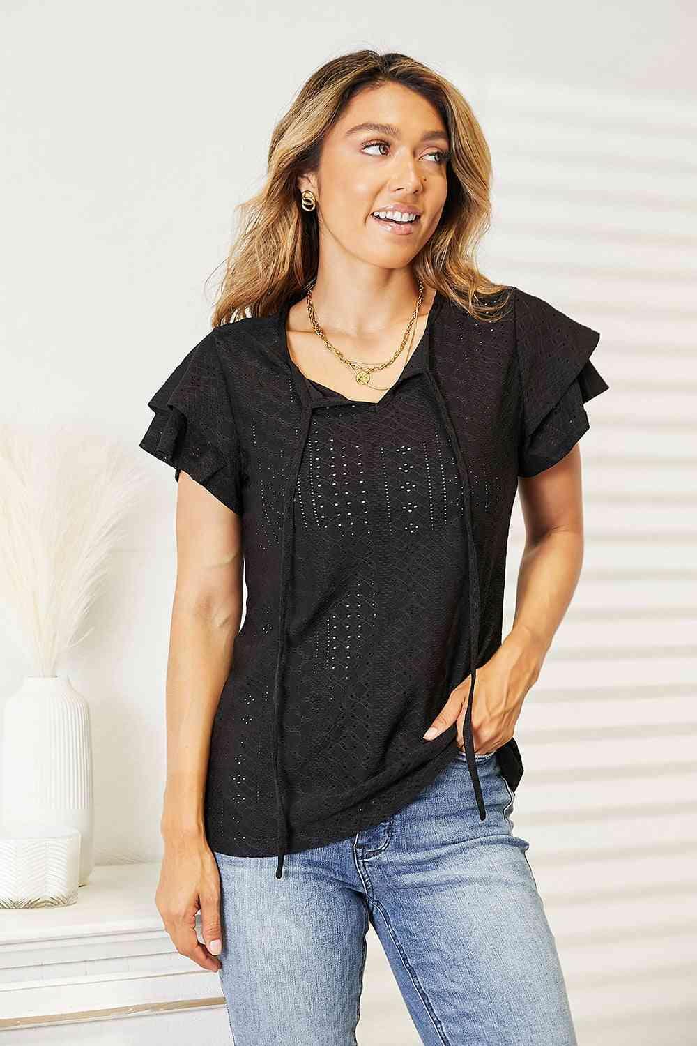 Bona Fide Fashion - Eyelet Tie-Neck Flutter Sleeve Blouse - Women Fashion - Bona Fide Fashion