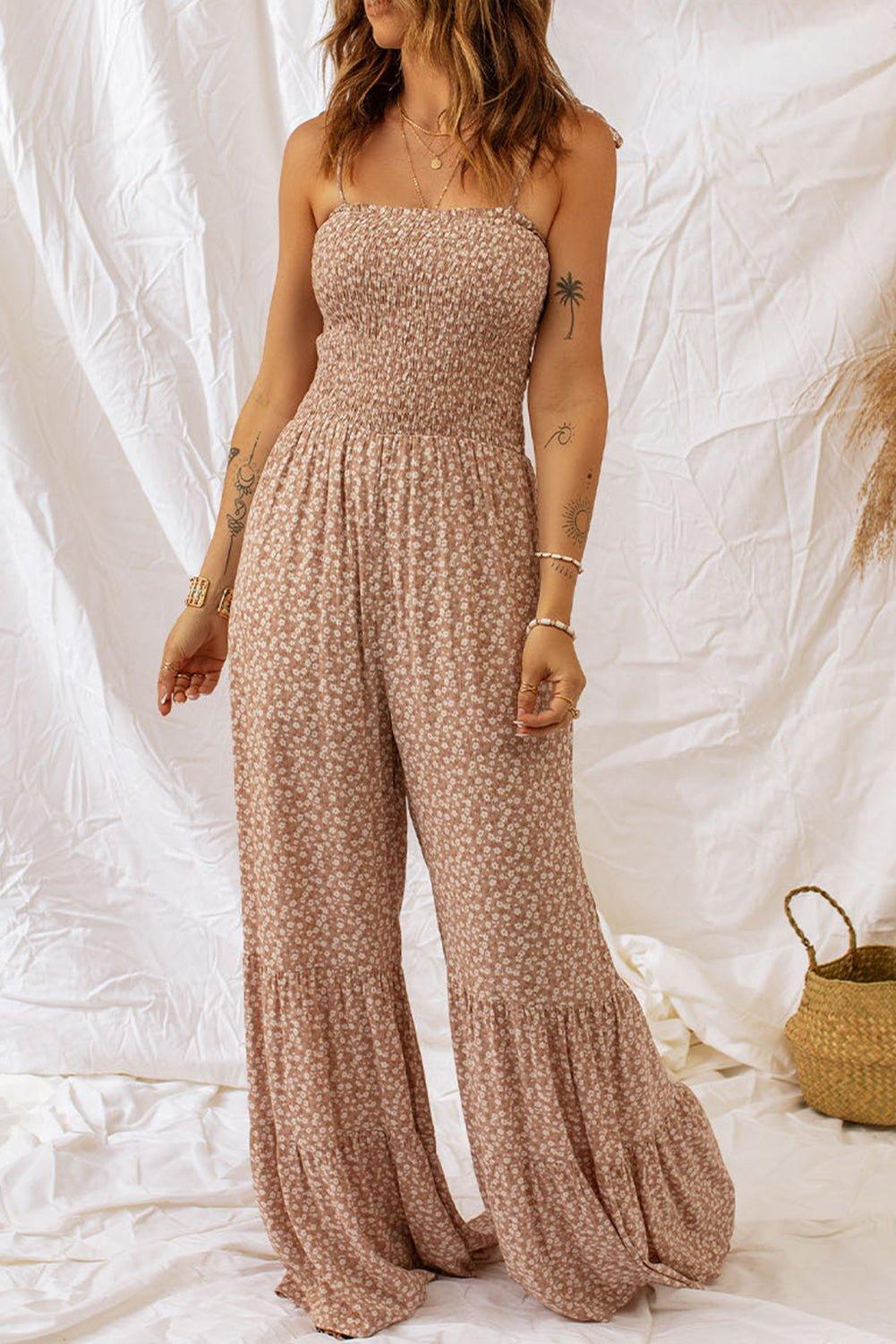 Bona Fide Fashion - Floral Spaghetti Strap Smocked Wide Leg Jumpsuit - Women Fashion - Bona Fide Fashion