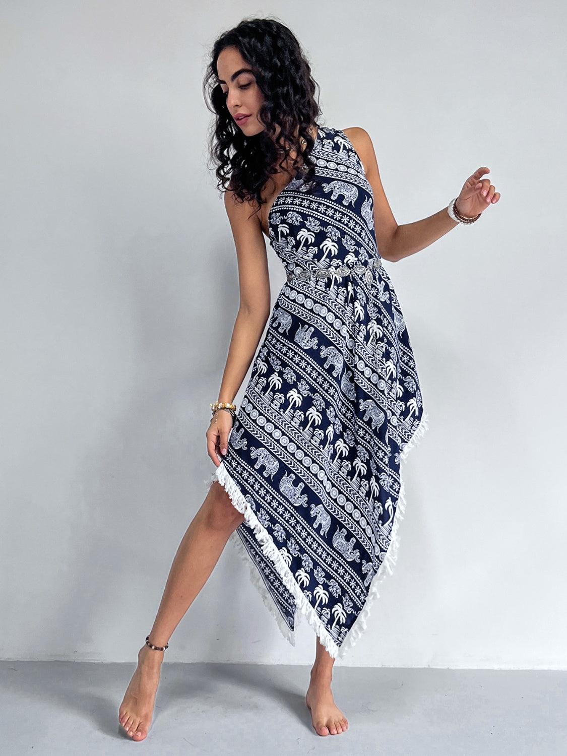 Bona Fide Fashion - Fringe Printed Single Shoulder Dress - Women Fashion - Bona Fide Fashion