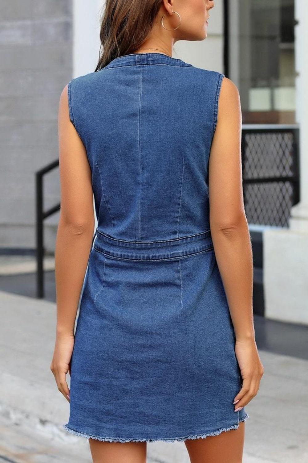 Bona Fide Fashion - Full Size Button Up V-Neck Sleeveless Denim Dress - Women Fashion - Bona Fide Fashion