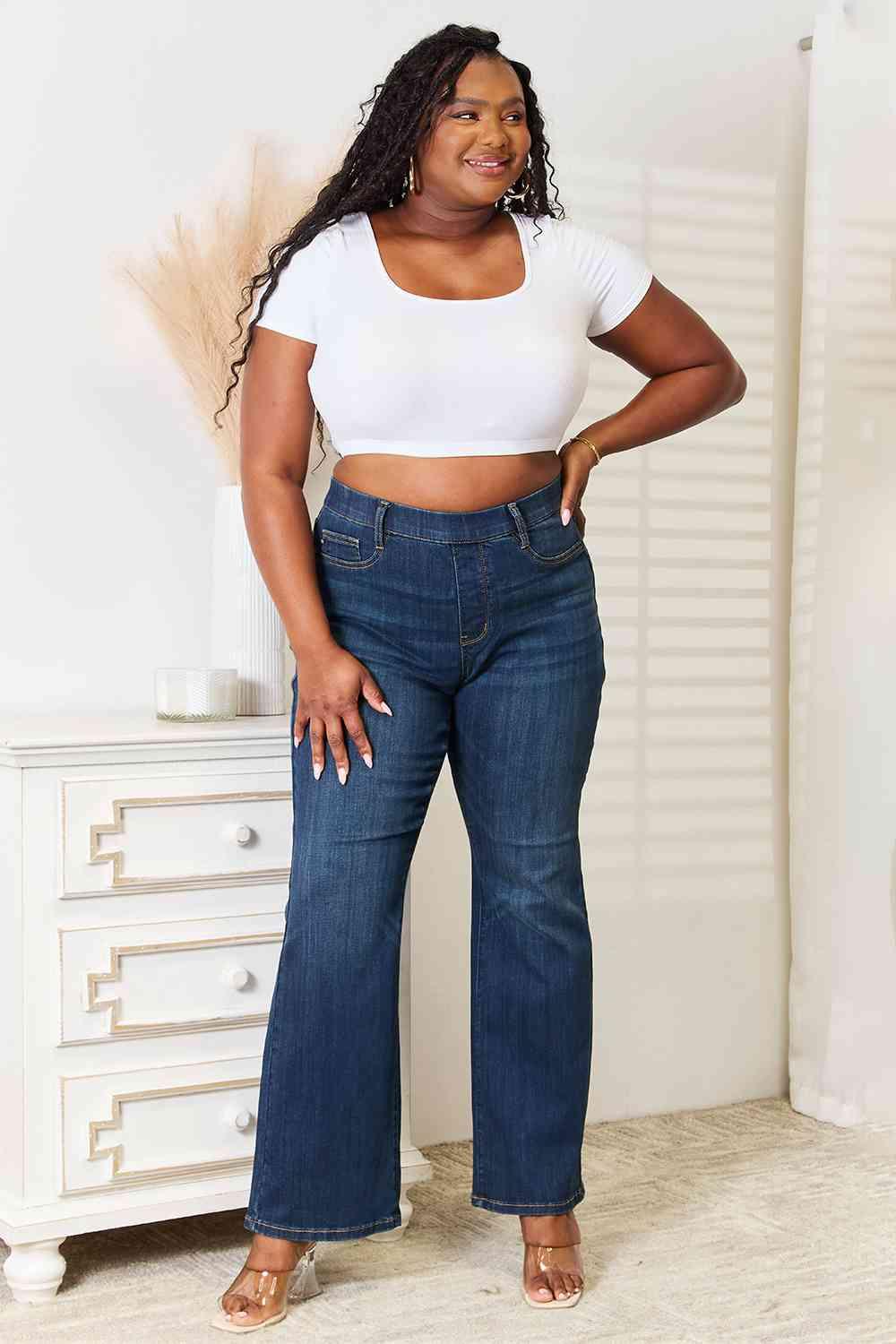 Bona Fide Fashion - Full Size Elastic Waistband Slim Bootcut Jeans - Women Fashion - Bona Fide Fashion