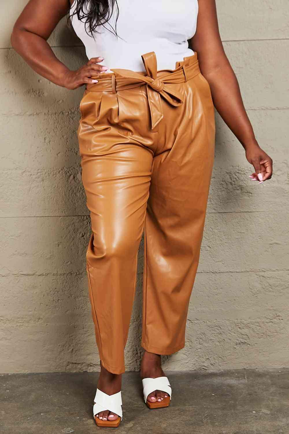 Bona Fide Fashion - Full Size Faux Leather Paperbag Waist Pants - Women Fashion - Bona Fide Fashion