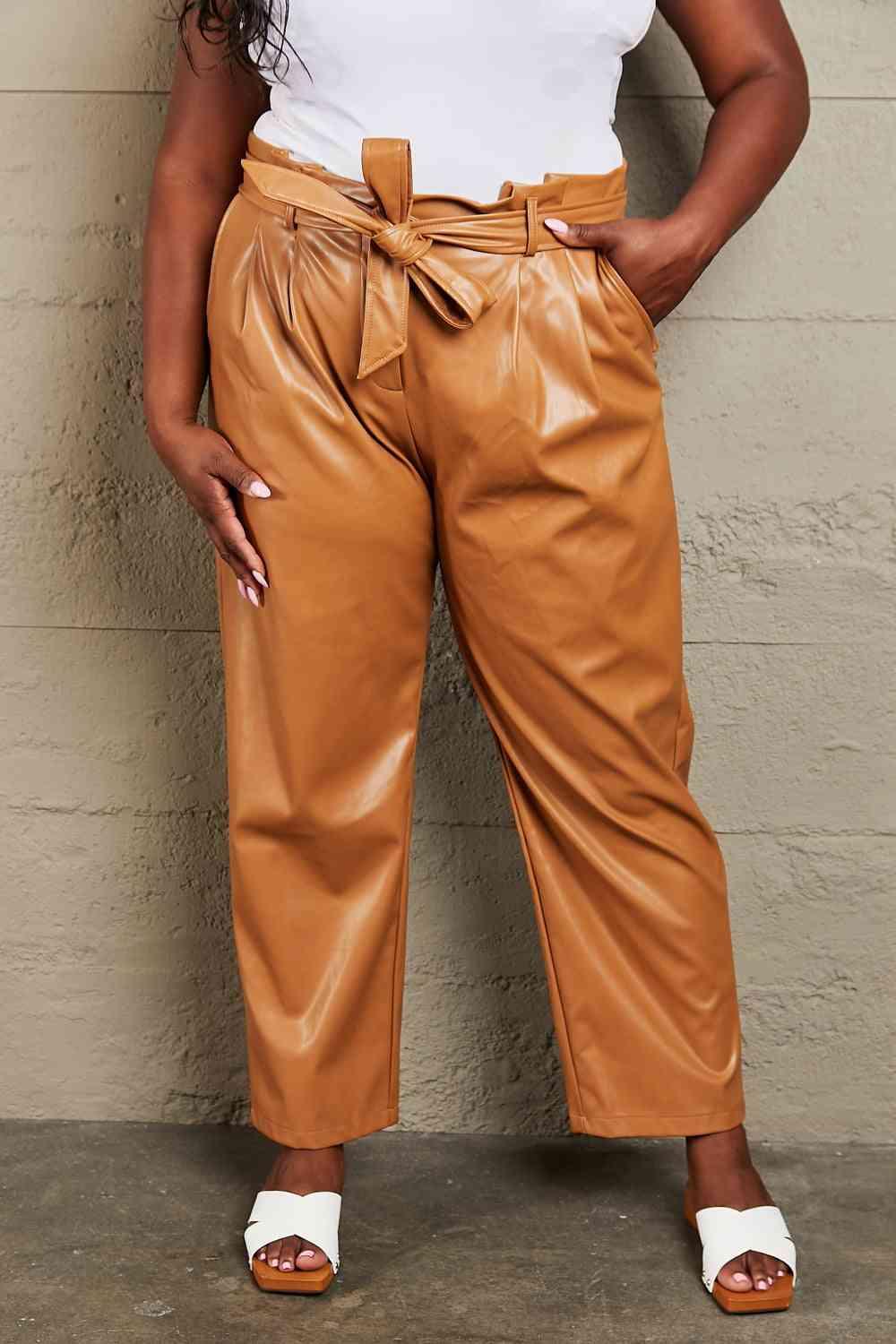 Bona Fide Fashion - Full Size Faux Leather Paperbag Waist Pants - Women Fashion - Bona Fide Fashion