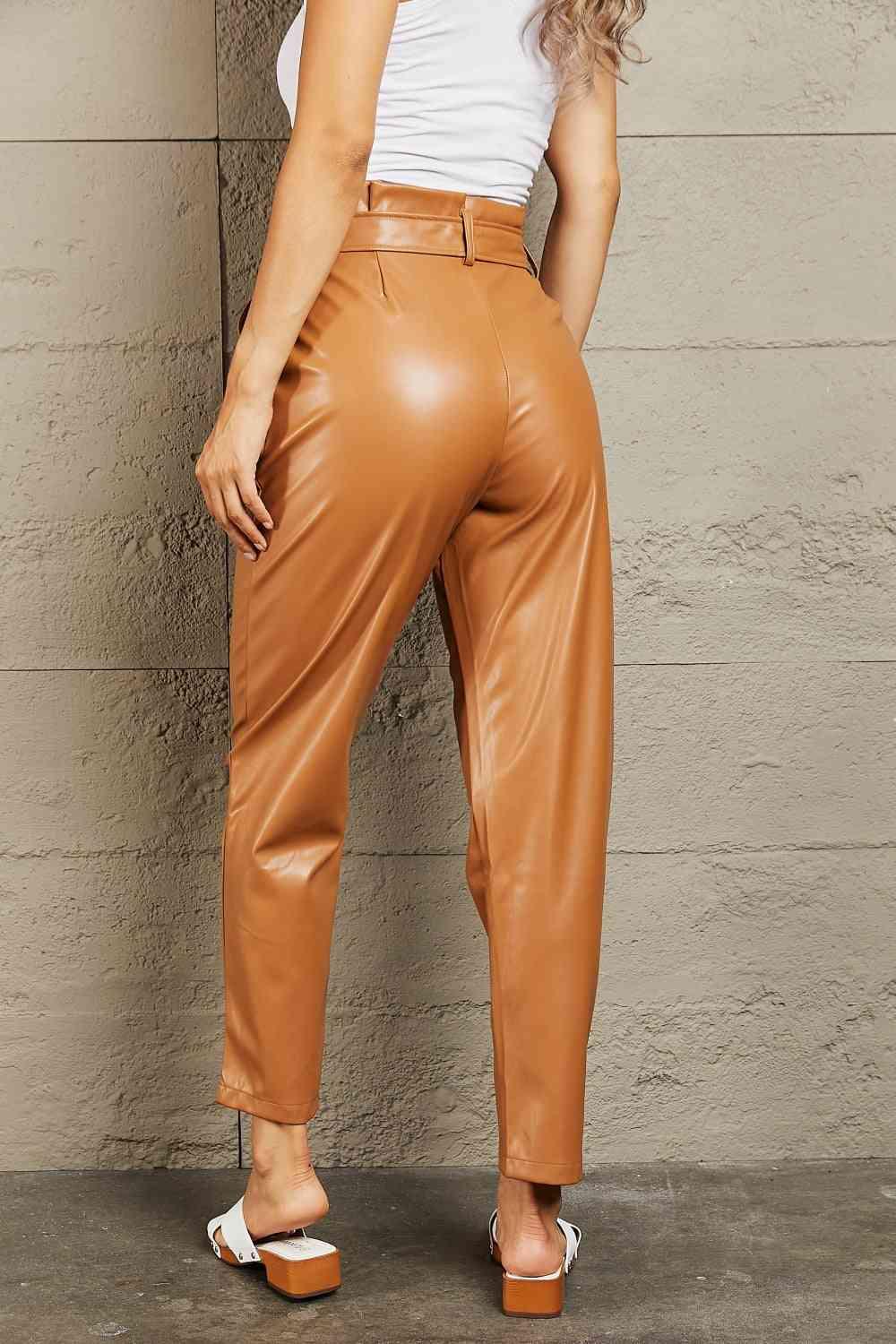 Bona Fide Fashion - Full Size Faux Leather Paperbag Waist Pants - Women Fashion - Bona Fide Fashion