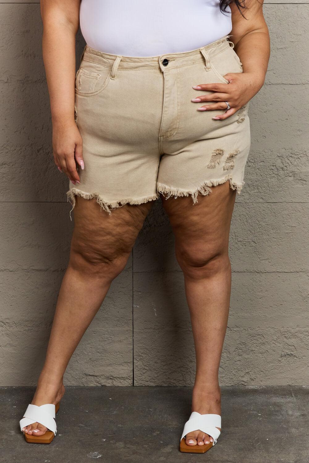 Bona Fide Fashion Full Size High Waisted Distressed Shorts in Sand - Women Fashion - Bona Fide Fashion
