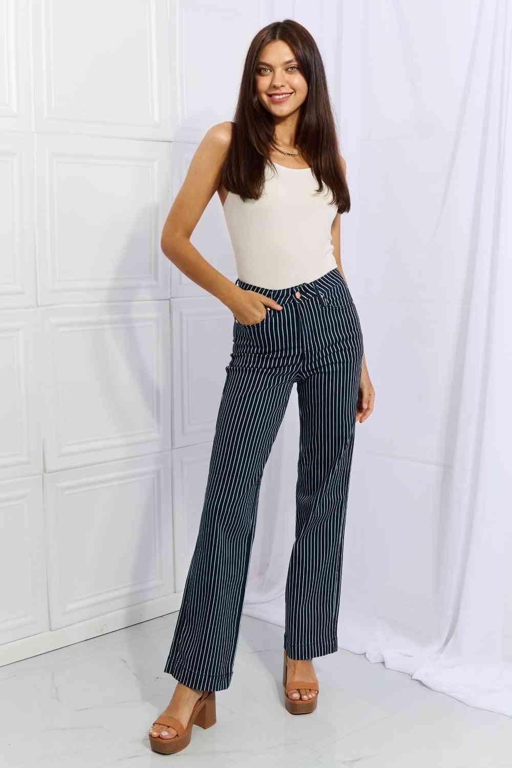 Bona Fide Fashion - Full Size High Waisted Tummy Control Striped Straight Jeans - Women Fashion - Bona Fide Fashion