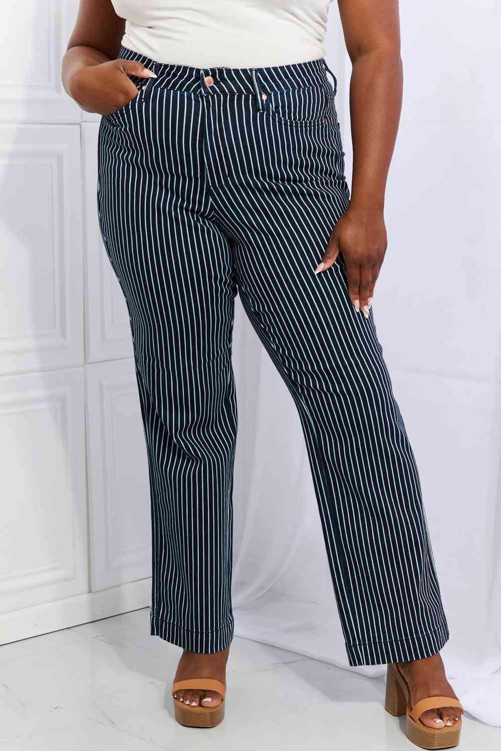 Bona Fide Fashion - Full Size High Waisted Tummy Control Striped Straight Jeans - Women Fashion - Bona Fide Fashion