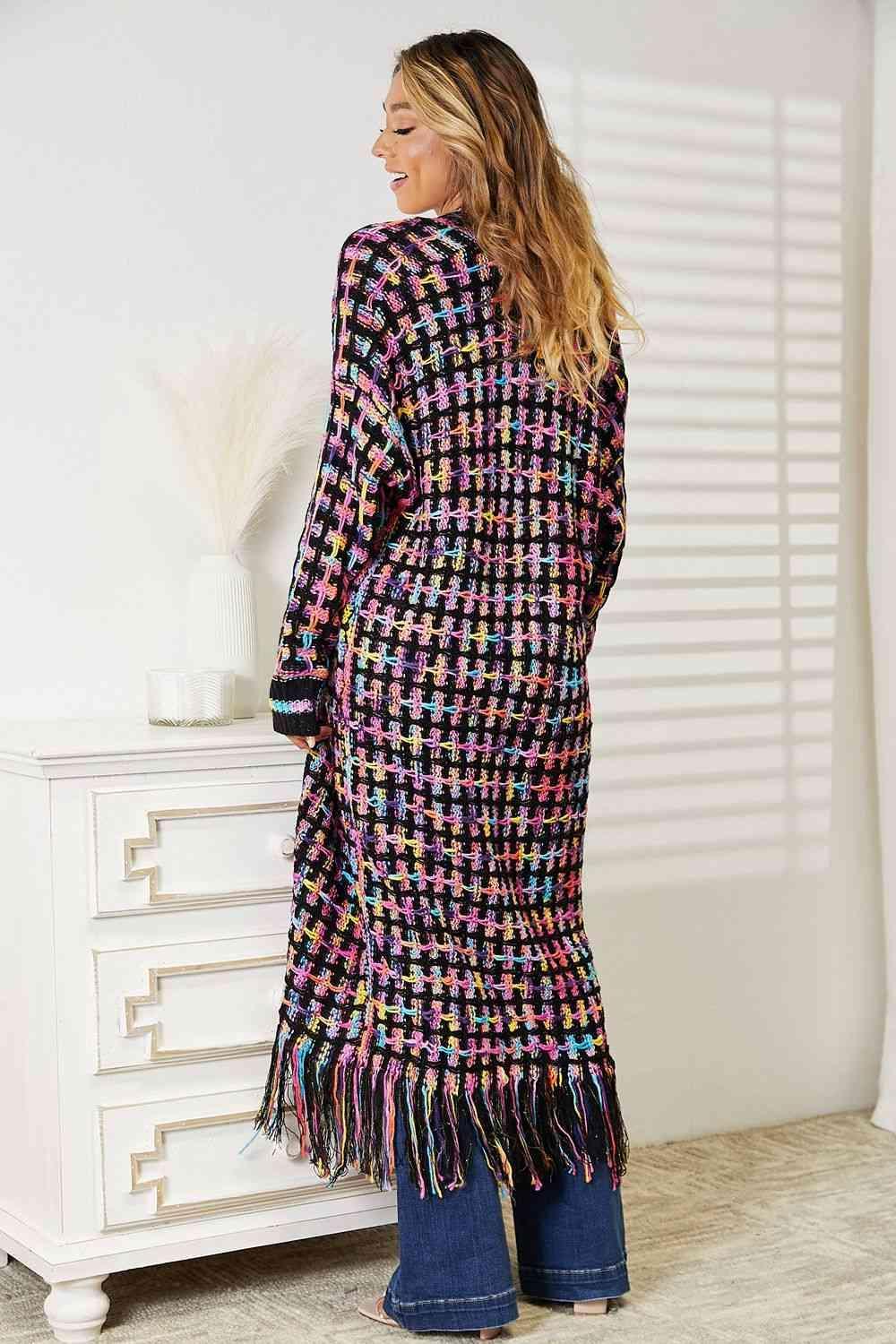 Bona Fide Fashion - Full Size Multicolored Open Front Fringe Hem Cardigan - Women Fashion - Bona Fide Fashion