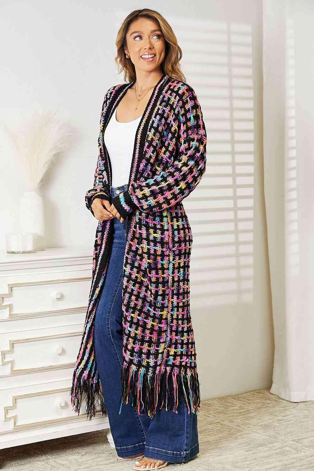 Bona Fide Fashion - Full Size Multicolored Open Front Fringe Hem Cardigan - Women Fashion - Bona Fide Fashion