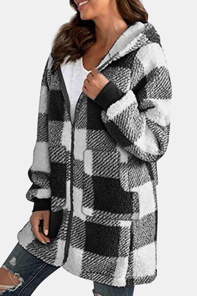 Bona Fide Fashion - Full Size Plaid Long Sleeve Hooded Coat - Women Fashion - Bona Fide Fashion