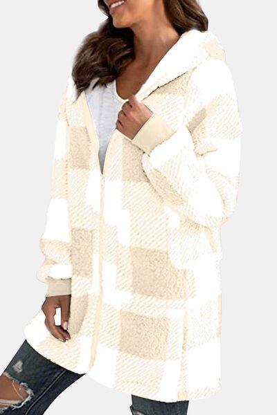 Bona Fide Fashion - Full Size Plaid Long Sleeve Hooded Coat - Women Fashion - Bona Fide Fashion