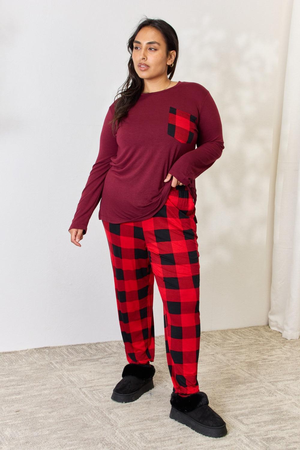 Bona Fide Fashion - Full Size Plaid Round Neck Top and Bottom Pajama Set - Women Fashion - Bona Fide Fashion