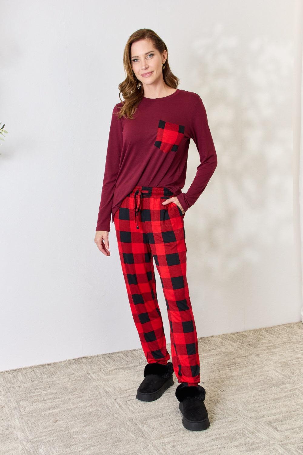 Bona Fide Fashion - Full Size Plaid Round Neck Top and Bottom Pajama Set - Women Fashion - Bona Fide Fashion