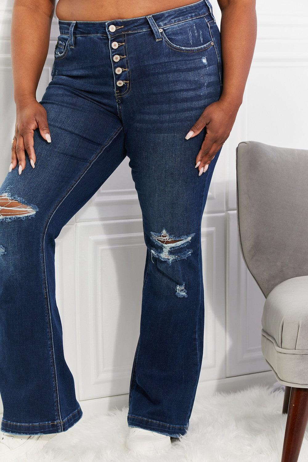 Bona Fide Fashion - Full Size Reese Midrise Button Fly Flare Jeans - Women Fashion - Bona Fide Fashion