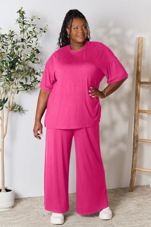 Bona Fide Fashion - Full Size Round Neck Slit Top and Pants Set - Women Fashion - Bona Fide Fashion