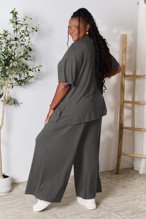Bona Fide Fashion - Full Size Round Neck Slit Top and Pants Set - Women Fashion - Bona Fide Fashion