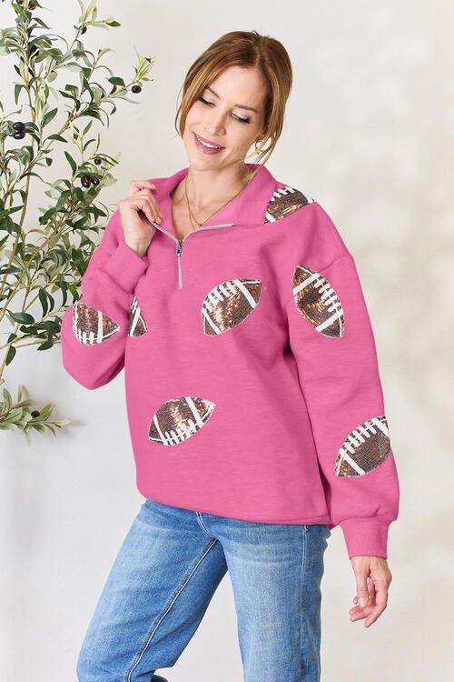 Bona Fide Fashion - Full Size Sequin Football Half Zip Long Sleeve Sweatshirt - Women Fashion - Bona Fide Fashion