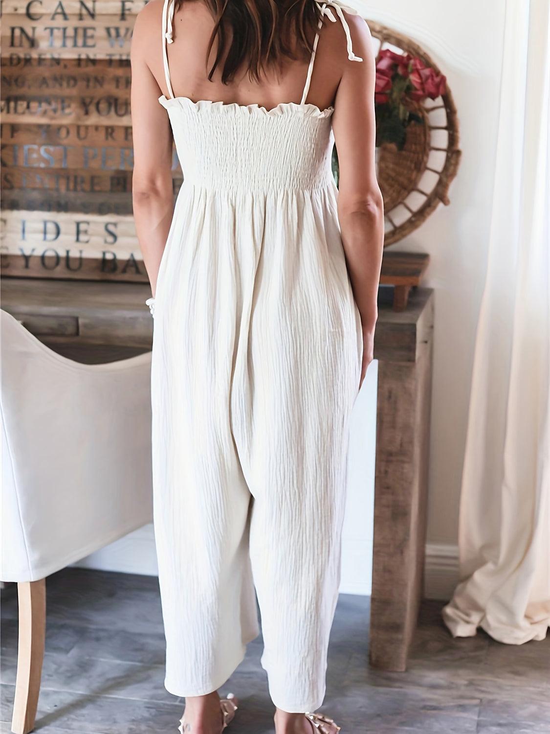 Bona Fide Fashion - Full Size Smocked Spaghetti Strap Wide Leg Jumpsuit - Women Fashion - Bona Fide Fashion