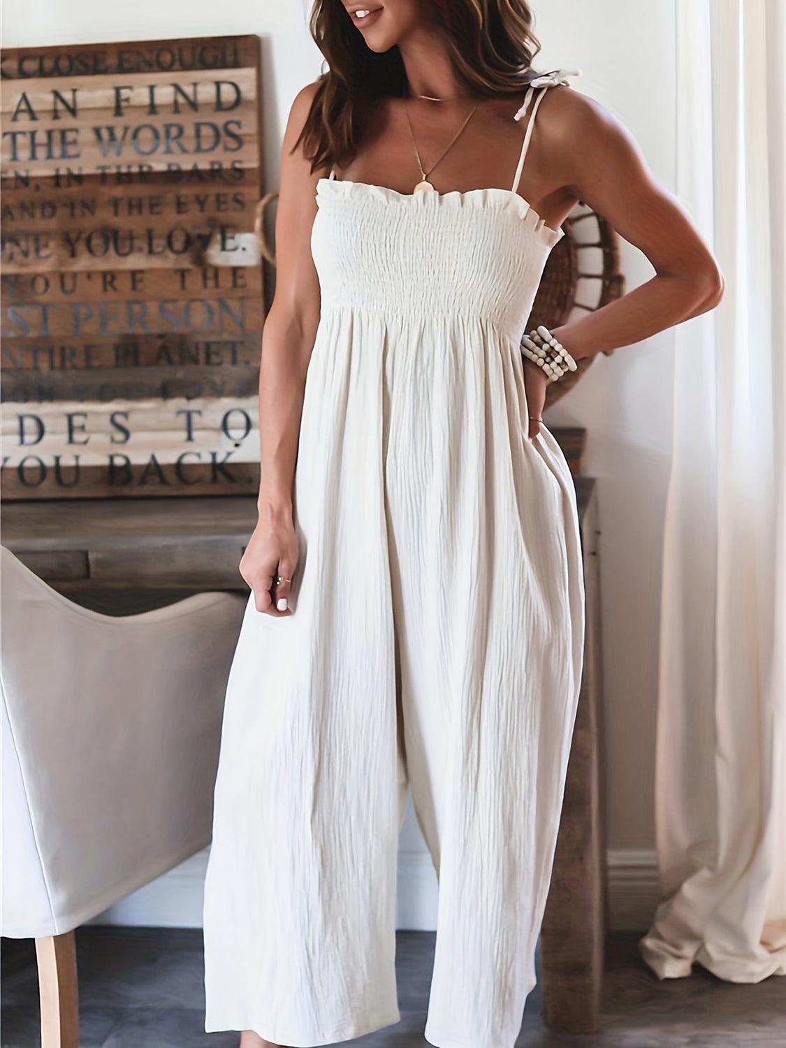 Bona Fide Fashion - Full Size Smocked Spaghetti Strap Wide Leg Jumpsuit - Women Fashion - Bona Fide Fashion