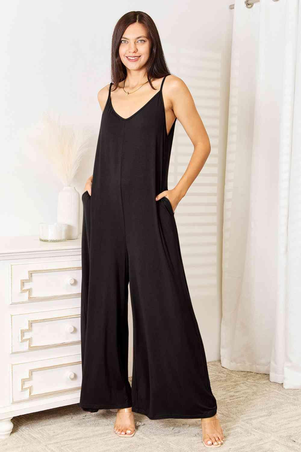 Bona Fide Fashion - Full Size Soft Rayon Spaghetti Strap Tied Wide Leg Jumpsuit - Women Fashion - Bona Fide Fashion