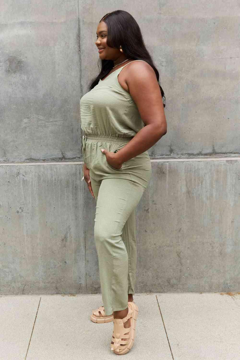 Bona Fide Fashion - Full Size Textured Woven Jumpsuit in Sage - Women Fashion - Bona Fide Fashion