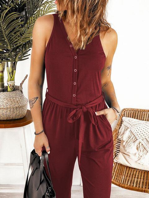 Bona Fide Fashion - Full Size Tie Waist Sleeveless Jumpsuit with Pockets - Womens. Fashion - Bona Fide Fashion