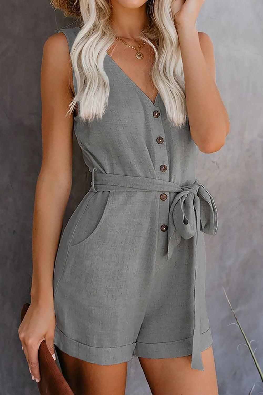 Bona Fide Fashion - Full Size Tied V-Neck Sleeveless Romper with Pockets - Women Fashion - Bona Fide Fashion