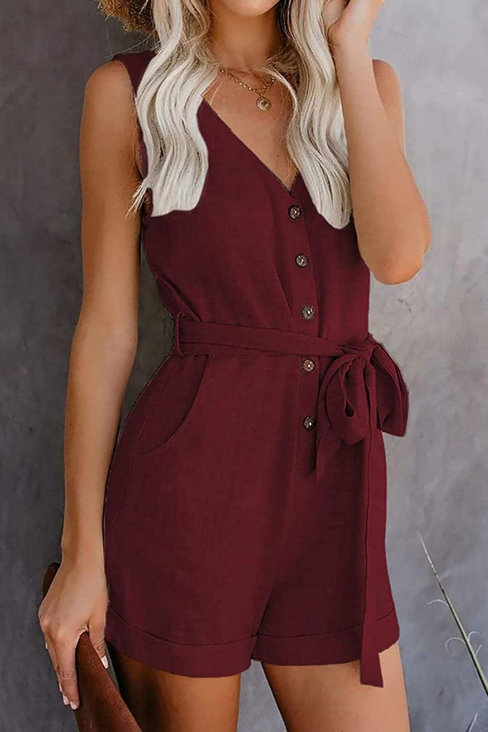 Bona Fide Fashion - Full Size Tied V-Neck Sleeveless Romper with Pockets - Women Fashion - Bona Fide Fashion