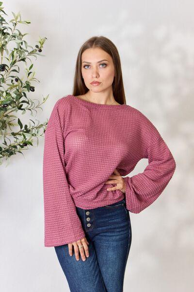 Bona Fide Fashion - Full Size Waffle-Knit Round Neck Long Sleeve Blouse - Women Fashion - Bona Fide Fashion