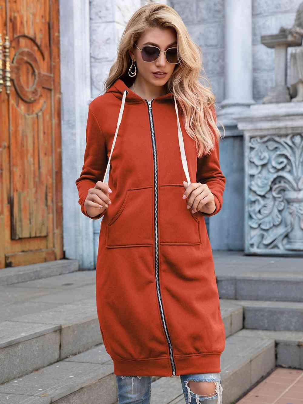 Bona Fide Fashion - Full Size Zip-Up Longline Hoodie with Pockets - Women Fashion - Bona Fide Fashion
