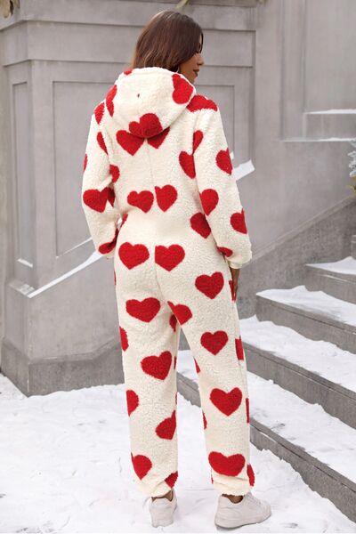 Bona Fide Fashion - Fuzzy Heart Zip Up Hooded Lounge Jumpsuit - Women Fashion - Bona Fide Fashion